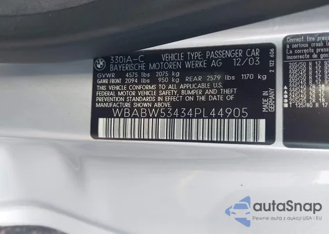 2004 BMW 330Ci из США, поврежденный, VIN WBABW53434PL44905